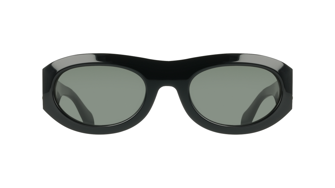 Black oversized sunglasses with tinted green lenses and wide frame