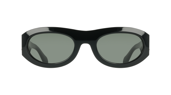 Black oversized sunglasses with tinted green lenses and wide frame