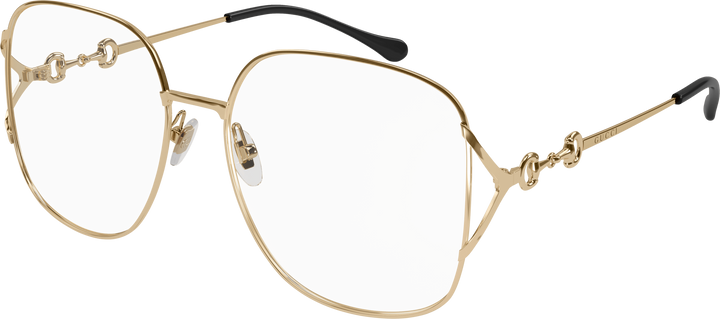 Gold oversized eyeglasses frames with horsebit detail and round lenses