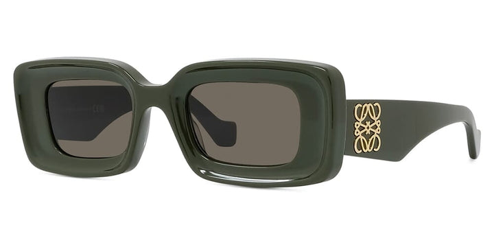 Loewe LW40101U dark green square sunglasses with gold anagram logo on the side arms