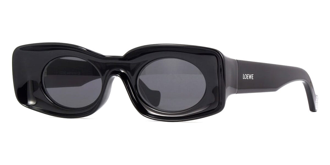Black chunky sunglasses with rounded rectangular frames and dark tinted lenses, LOEWE