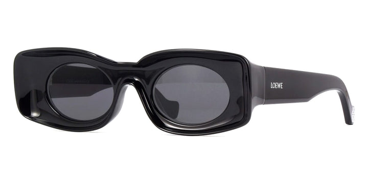 Black chunky sunglasses with rounded rectangular frames and dark tinted lenses, LOEWE