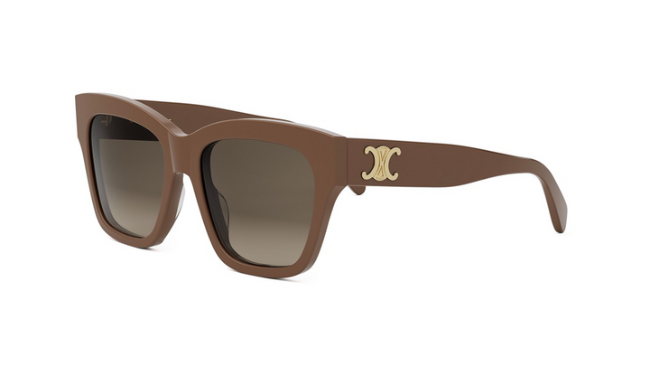 Celine brown cat-eye sunglasses with dark green lenses and gold logo on temple