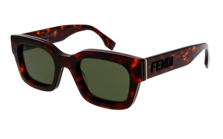 Square tortoiseshell sunglasses with green lenses and FENDI logo temple