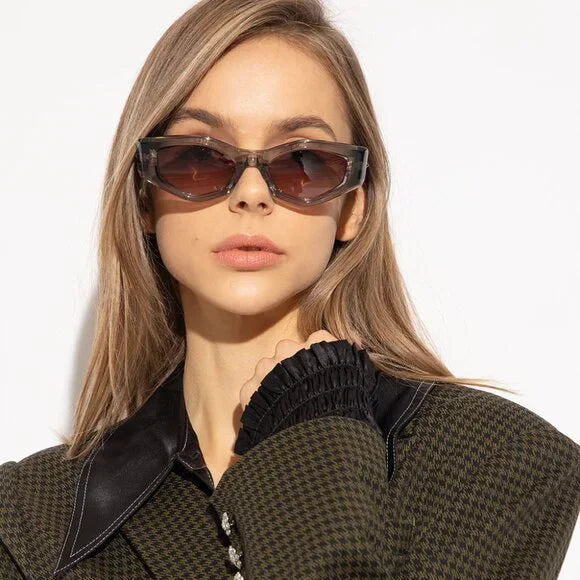 Valentino V-Tre grey sunglasses with brown tinted lenses, worn on face