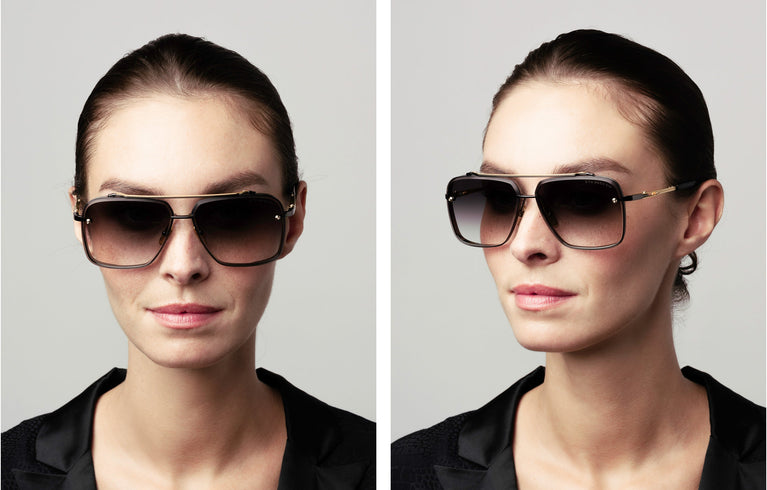 Dita aviator sunglasses on model, yellow gold frame with dark lenses
