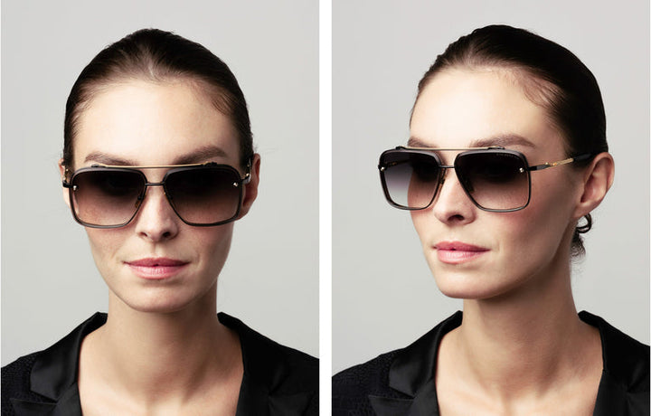 Dita aviator sunglasses on model, yellow gold frame with dark lenses