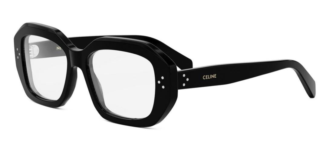Celine CL50156I black eyeglass frames with three-dot detailing on temples