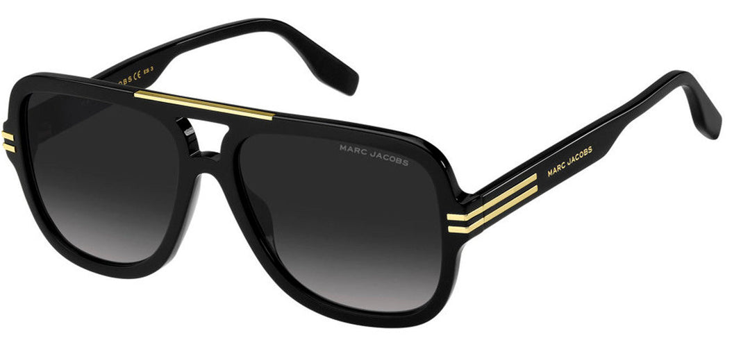 Marc Jacobs black aviator sunglasses with dark lenses and gold striped arms