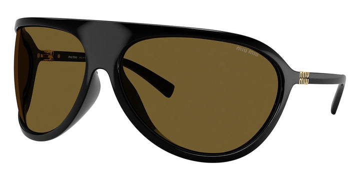 Miu Miu MU black shield sunglasses with brown gradient lenses and gold-tone logo arms.