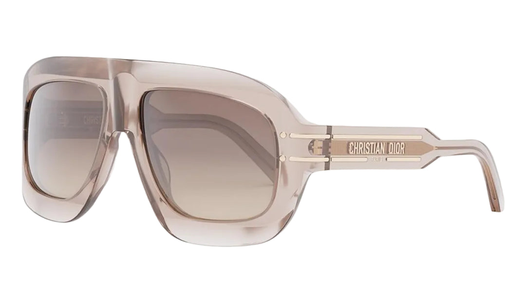 Transparent pink mask-style sunglasses with tinted lenses and Dior logo temple.