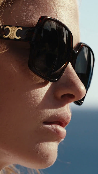 Celine Havana Brown square sunglasses side view, dark lenses, Triomphe logo arm