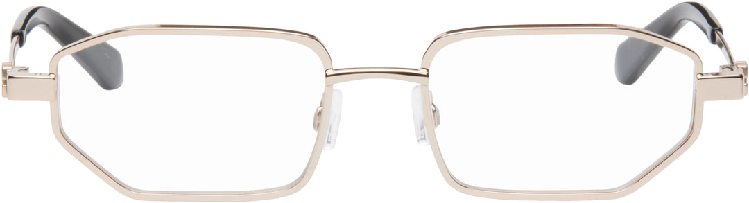Gold metal rectangular eyeglass frames with off-white rims and dark temple tips