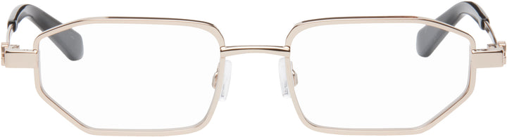 Gold metal rectangular eyeglass frames with off-white rims and dark temple tips