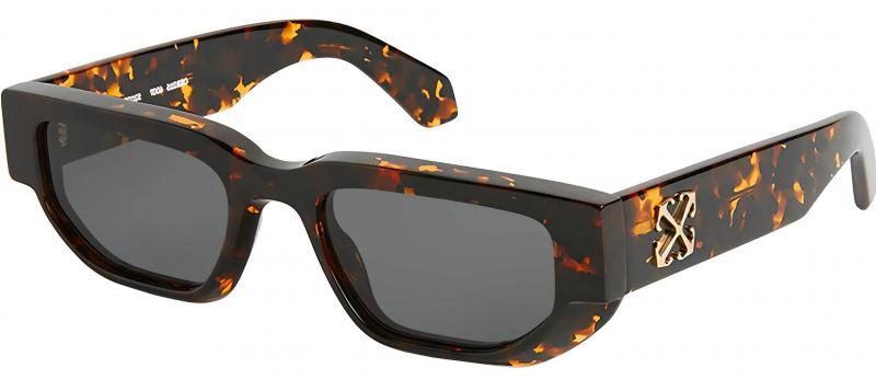 Off White Greeley havana brown tortoise sunglasses with dark gray lenses and gold logo arms
