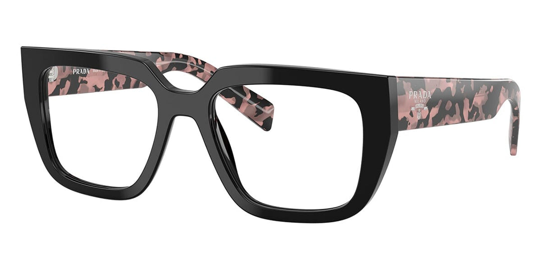 Prada eyeglass frames with black acetate front and pink Havana patterned temples
