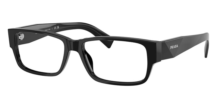 Black rectangular eyeglasses frames with PRADA logo on temple, full-rim