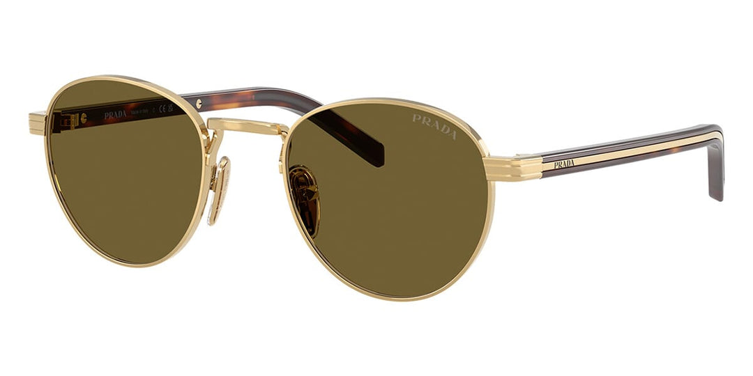 Prada round sunglasses with gold frame and dark brown mirrored lenses, side view