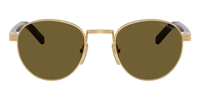Prada round sunglasses with gold frame and dark brown mirrored lenses, front view