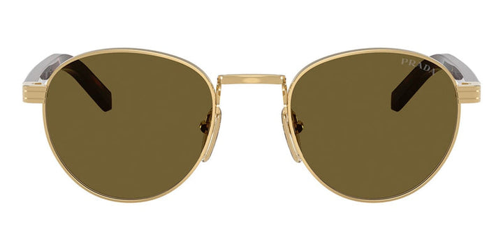 Prada round sunglasses with gold frame and dark brown mirrored lenses, front view