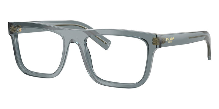 Prada square eyeglass frames, transparent ocean blue-gray acetate with logo temple