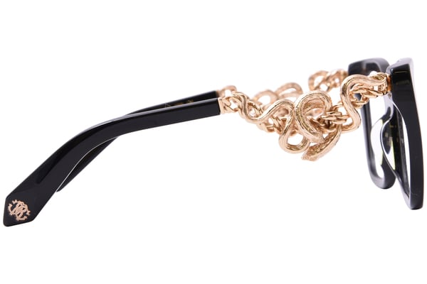 Black eyeglass frame temple with ornate gold snake chain detail