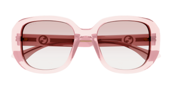 Gucci pink translucent square sunglasses, front view with logo on dark temples