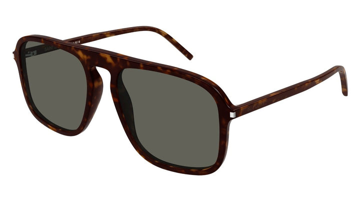 Saint Laurent SL590 aviator sunglasses with havana brown frame and dark lenses, angled front view
