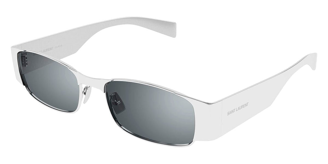Silver Saint Laurent SL738 sunglasses with dark gray lenses