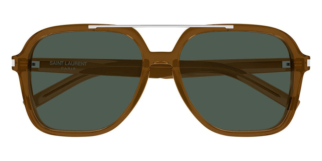 Saint Laurent aviator sunglasses, full-front view, brown frames with green-tinted lenses