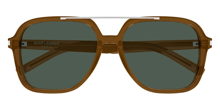 Saint Laurent aviator sunglasses, full-front view, brown frames with green-tinted lenses