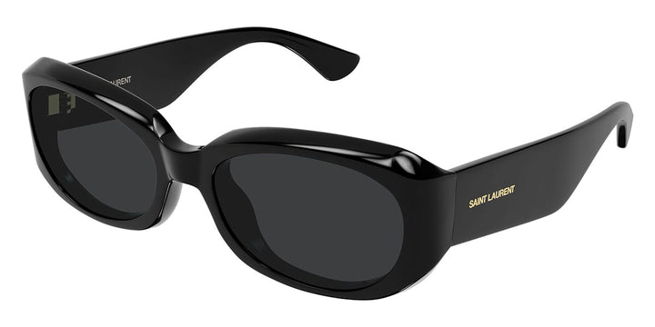 Black wrap-style sunglasses with dark lenses and slim temples