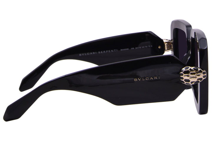 Black Serpenti Forever sunglasses, side view with jeweled snake emblem and curved arms