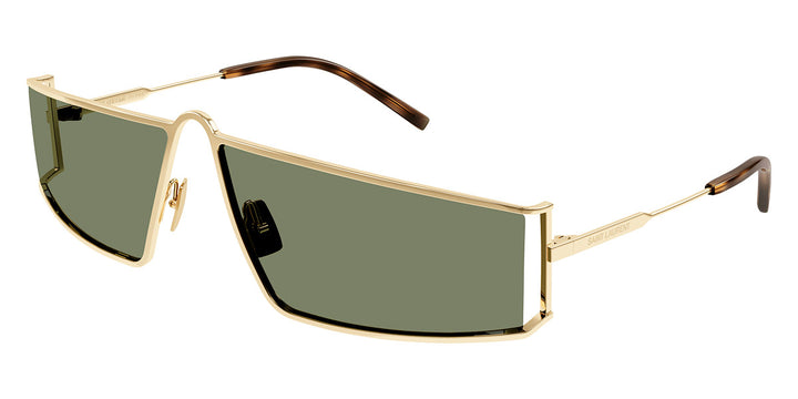 Saint Laurent SL606 gold sunglasses with dark green lenses and brown temple tips