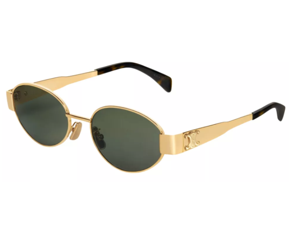 Celine Triomphe gold round sunglasses with dark green lenses and engraved temples