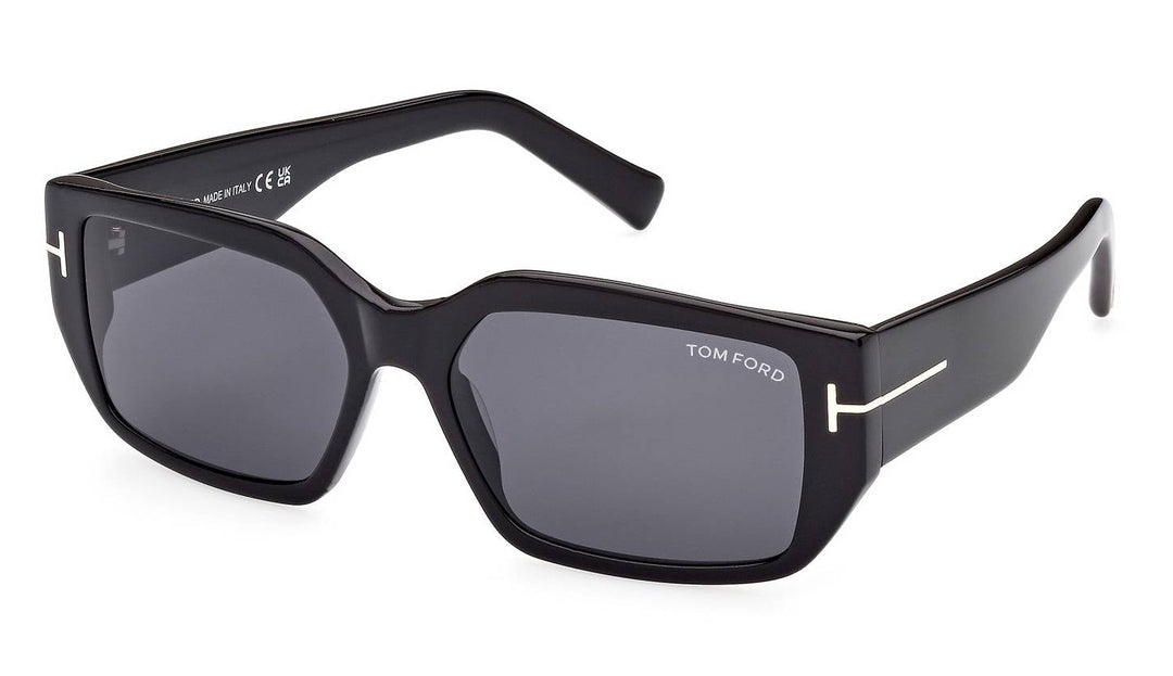 Tom Ford square sunglasses with a glossy black acetate frame, dark gray lenses, and signature silver-toned T-bar metal accents on the temples.