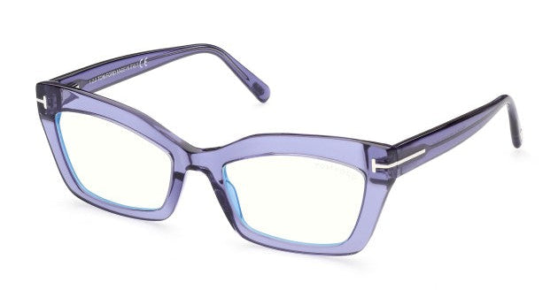 Tom Ford lilac cat-eye blue light glasses with rectangular lenses, full-rim acetate.
