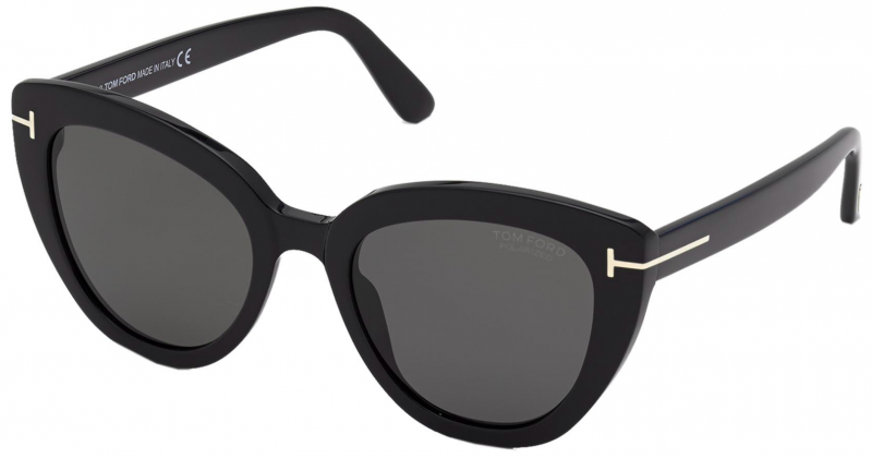 Black polarized cat-eye sunglasses with dark lenses and gold T logo on temples.