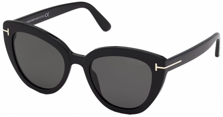 Black polarized cat-eye sunglasses with dark lenses and gold T logo on temples.