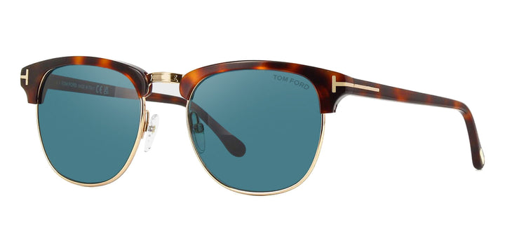 Havana brown sunglasses with blue mirrored lenses, gold-tone hinge detail