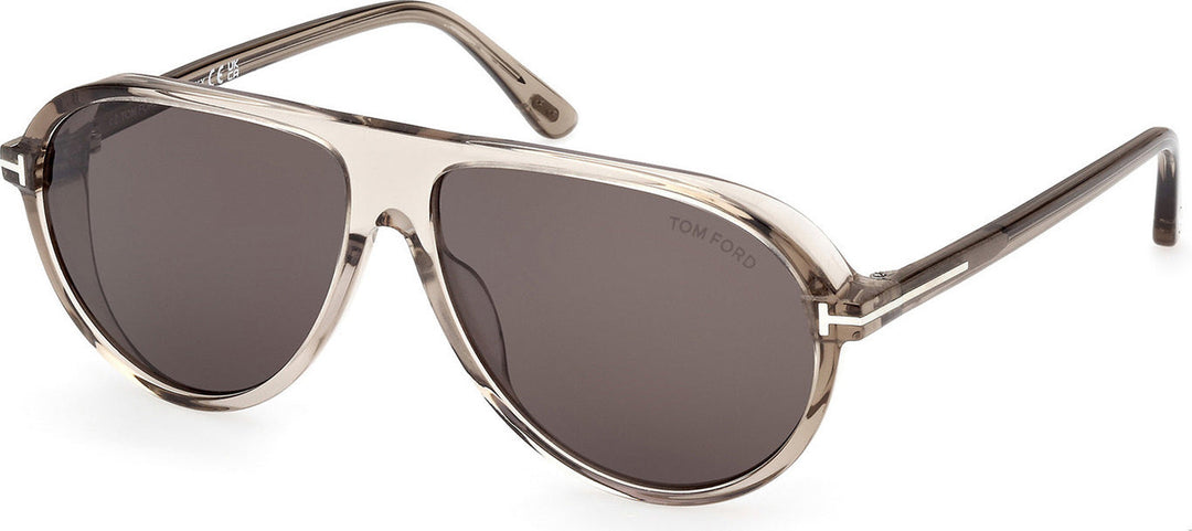 Tom Ford Marcus aviator sunglasses with dark lenses and silver-toned frame, grey temple tips