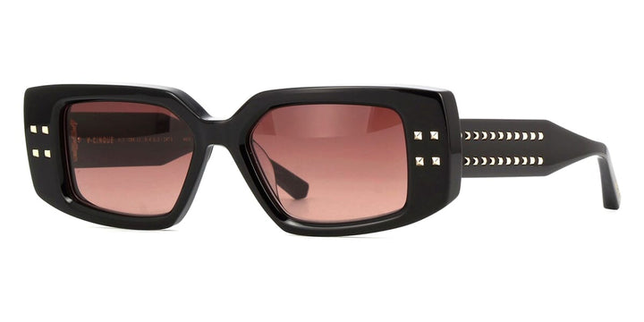 Black square Valentino sunglasses in side view, pink-brown lenses and studded arm