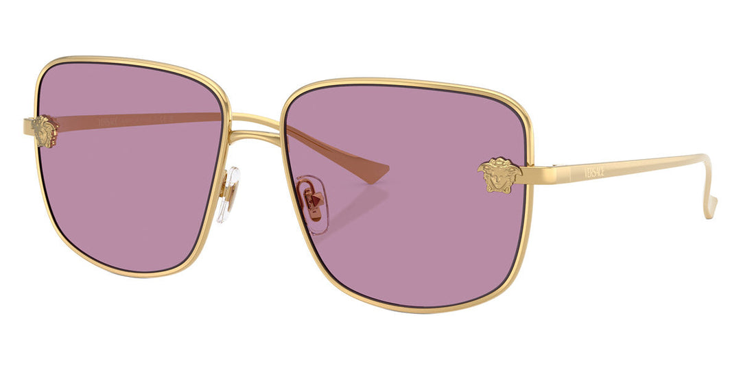 Versace Medusa square sunglasses with gold frame and violet tinted lenses, side view