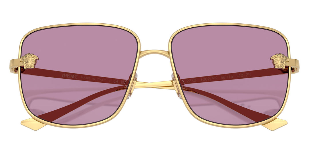 Versace Medusa square sunglasses, gold with violet lenses and front logo medallions