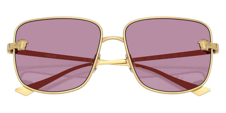 Versace Medusa square sunglasses, gold with violet lenses and front logo medallions