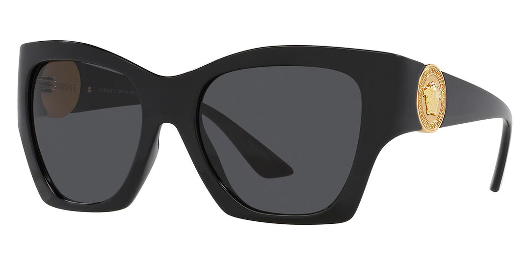 Black square sunglasses with dark lenses and gold logo arms