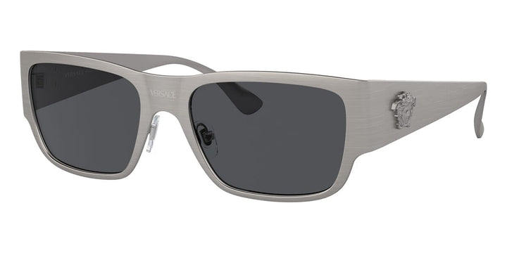 Versace square silver brushed metal sunglasses with dark lenses and logo temple tips