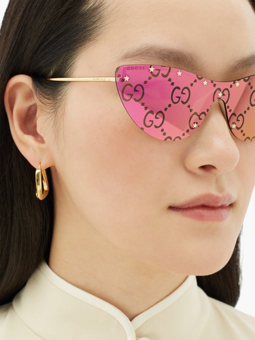 Gucci GG0666S Cat Eye Logo Mirrored Pink Sunglasses