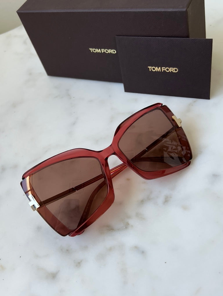 Tom Ford Gia FT0766 vintage pink sunglasses with brown tinted lenses and gold hinge details
