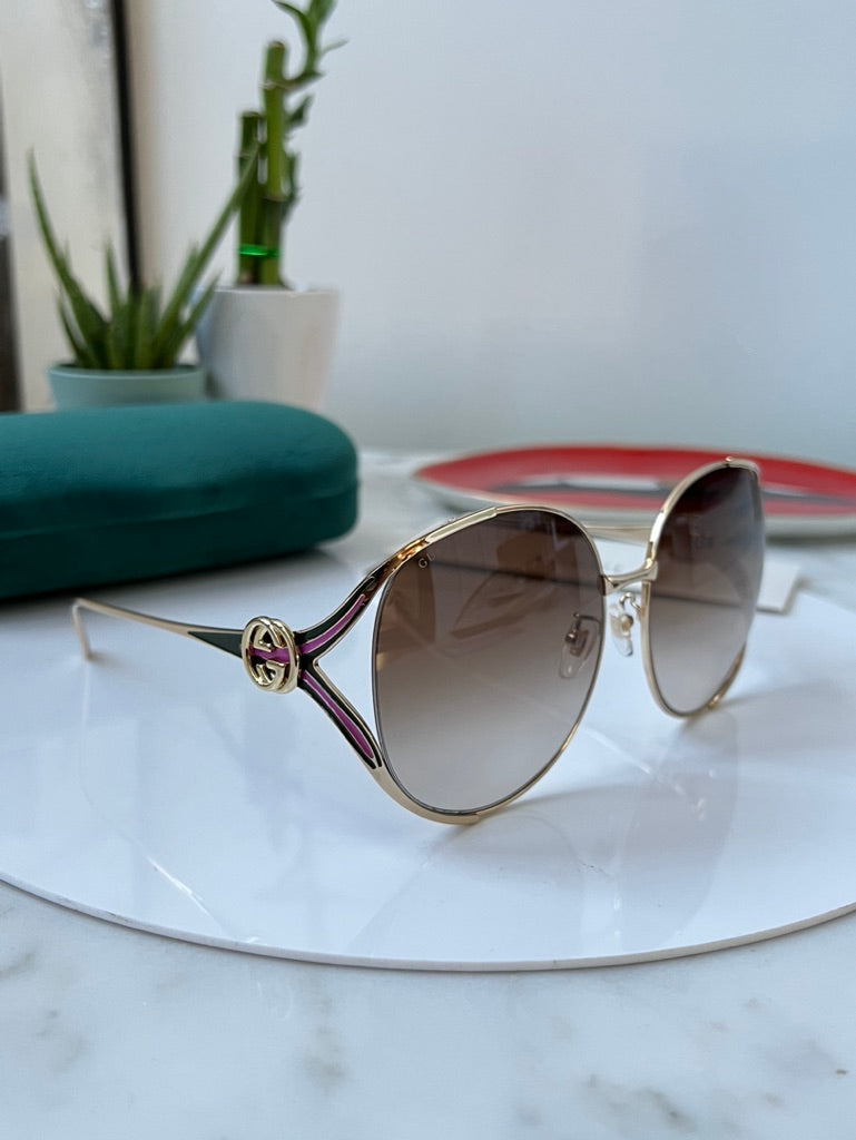 Gucci GG0225S Oversized Cutout Metal Sunglasses in Rose Gold